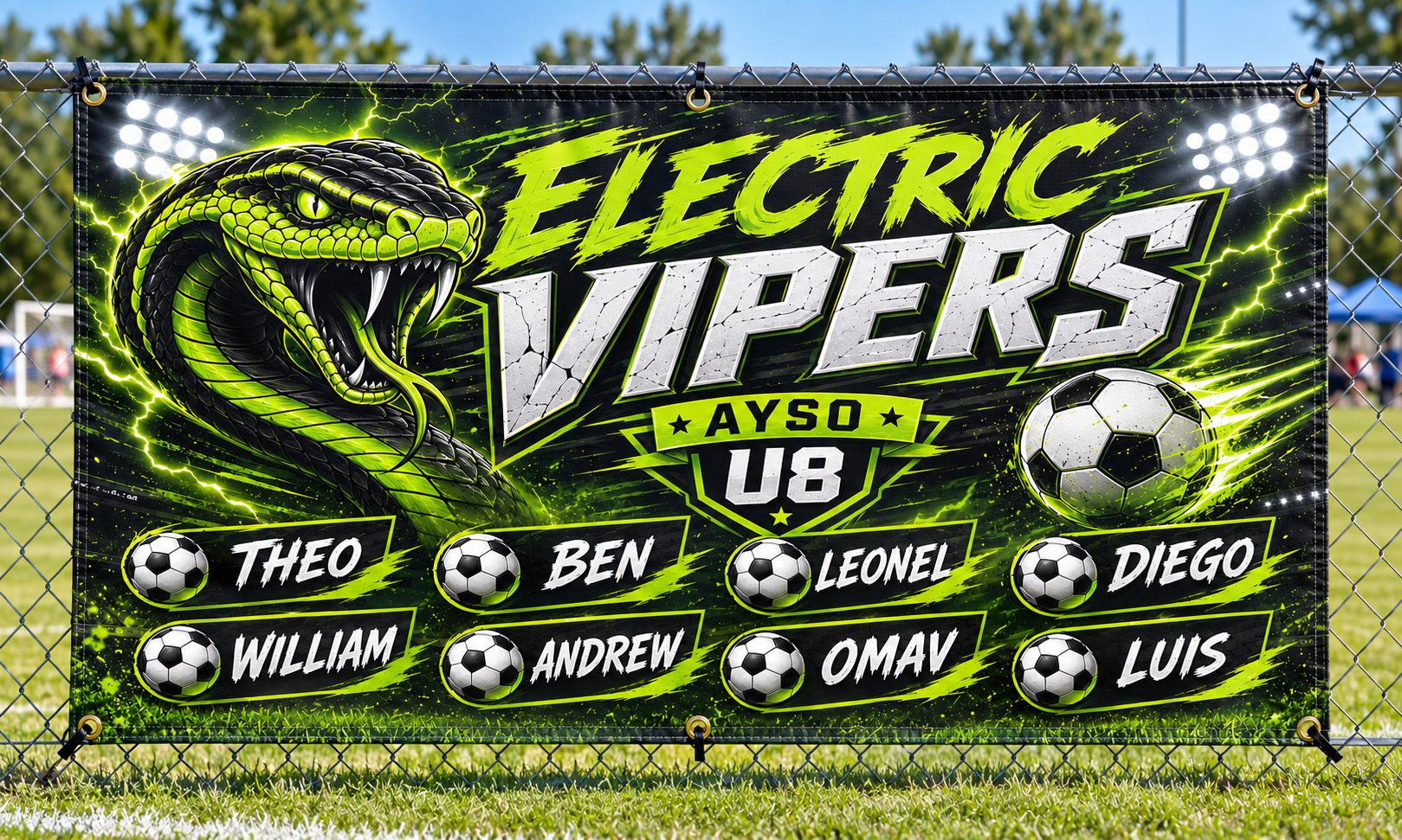 Youth soccer team banner example printed on 13oz vinyl