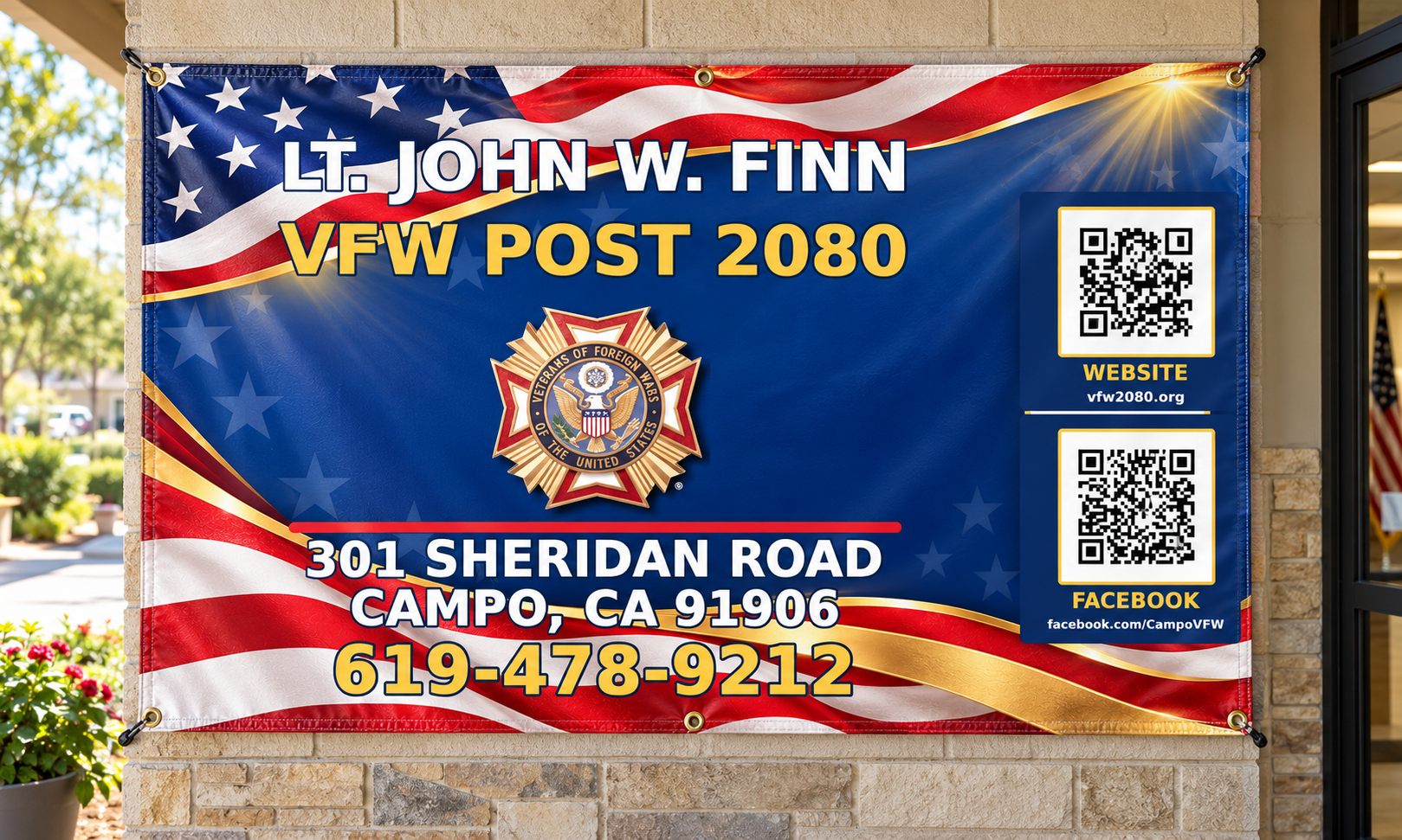 Veterans organization outdoor vinyl banner example with QR codes
