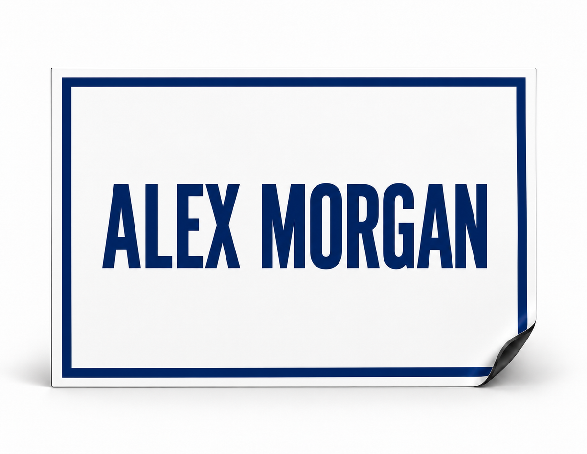 Personalized landscape magnetic name plate with a blue border and example Alex Morgan name