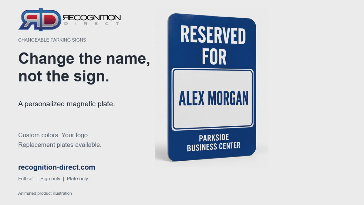 Animated product illustration showing a personalized magnetic name plate moving off and back onto a reserved parking sign. Change the name, not the sign.