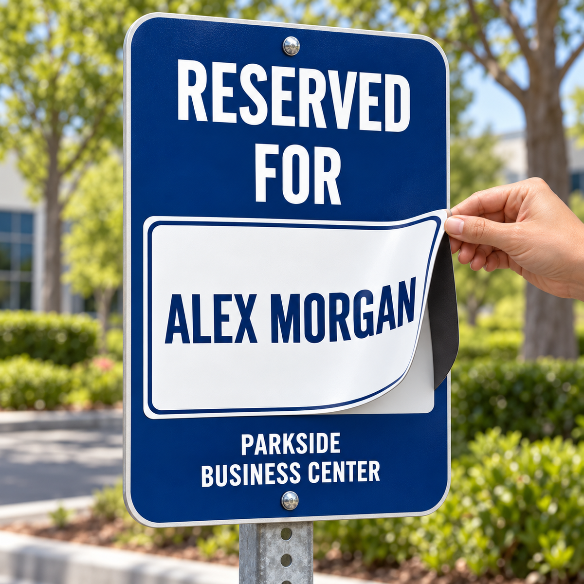 Illustration of a hand lifting a personalized magnetic name plate from a custom reserved parking sign.