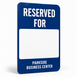 Slim reflective reserved parking sign without the magnetic name plate, showing the blank name area and example business branding