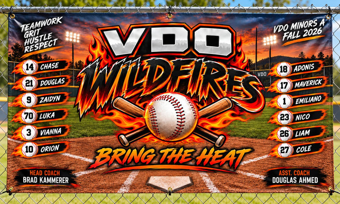 Custom youth baseball team banner displayed on a fence